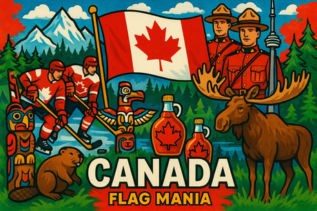 crea un mix di immagini dai colori vivaci che esalti la nazione CANADA con le sue tradizioni, storia, eroi sportivi Inserisci la bandiera , il nome e aggiungi in piccolo la scritta FLAG MANIA