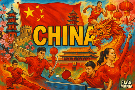 crea un mix di immagini dai colori vivaci che esalti la nazione CHINA con le sue tradizioni, storia, eroi sportivi Inserisci la bandiera , il nome e aggiungi in piccolo la scritta FLAG MANIA