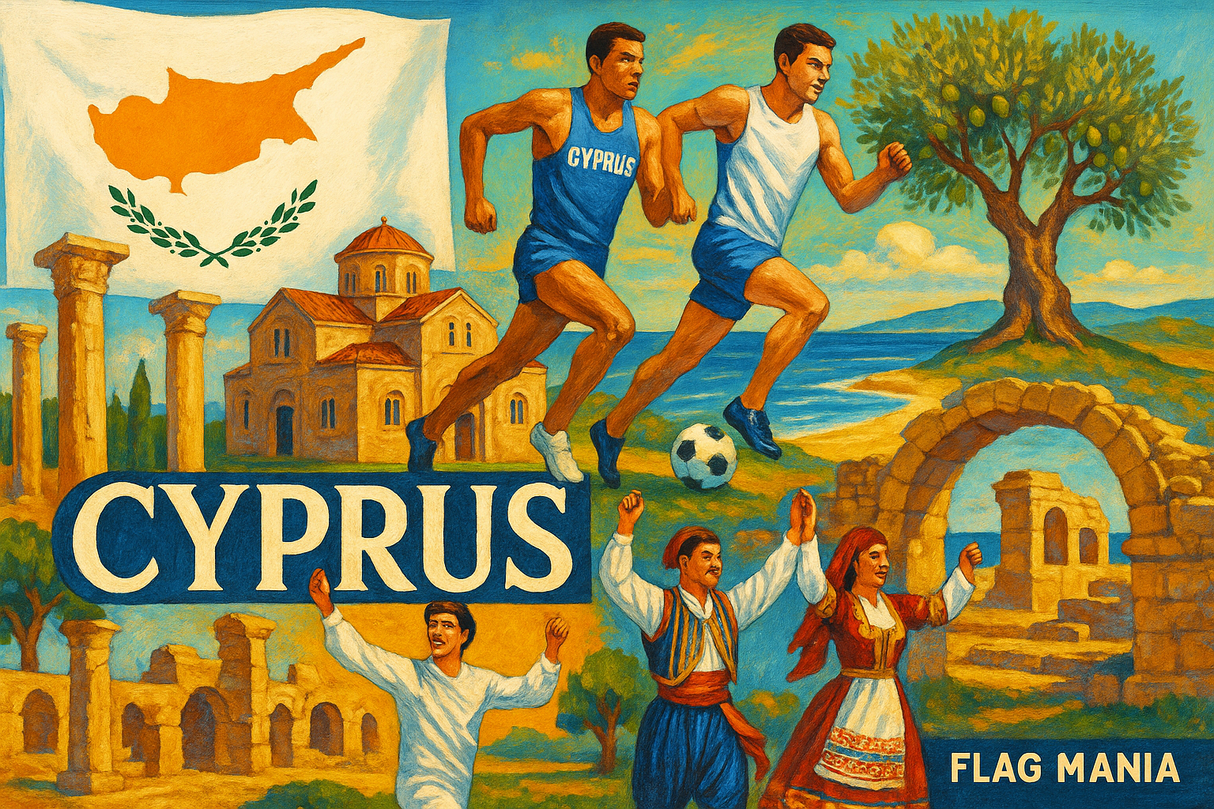 crea un mix di immagini dai colori vivaci che esalti la nazione CYPRUS con le sue tradizioni, storia, eroi sportivi Inserisci la bandiera , il nome e aggiungi in piccolo la scritta FLAG MANIA