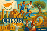 crea un mix di immagini dai colori vivaci che esalti la nazione CYPRUS con le sue tradizioni, storia, eroi sportivi Inserisci la bandiera , il nome e aggiungi in piccolo la scritta FLAG MANIA