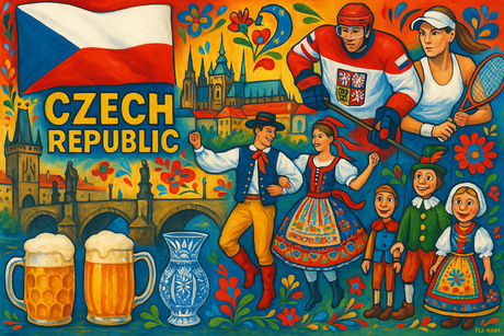 crea un mix di immagini dai colori vivaci che esalti la nazione CZECH REPUBLIK con le sue tradizioni, storia, eroi sportivi Inserisci la bandiera , il nome e aggiungi in piccolo la scritta FLAG MANIA