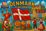 crea un mix di immagini dai colori vivaci che esalti la nazione DENMARK con le sue tradizioni, storia, eroi sportivi Inserisci la bandiera , il nome e aggiungi in piccolo la scritta FLAG MANIA