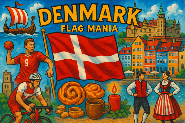 crea un mix di immagini dai colori vivaci che esalti la nazione DENMARK con le sue tradizioni, storia, eroi sportivi Inserisci la bandiera , il nome e aggiungi in piccolo la scritta FLAG MANIA
