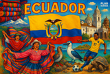 crea un mix di immagini dai colori vivaci che esalti la nazione ECUADOR con le sue tradizioni, storia, eroi sportivi Inserisci la bandiera , il nome e aggiungi in piccolo la scritta FLAG MANIA