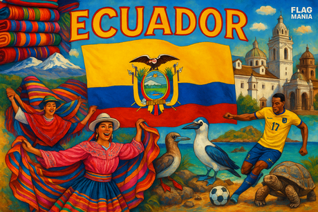 crea un mix di immagini dai colori vivaci che esalti la nazione ECUADOR con le sue tradizioni, storia, eroi sportivi Inserisci la bandiera , il nome e aggiungi in piccolo la scritta FLAG MANIA