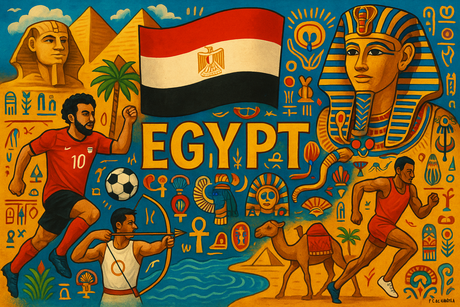 crea un mix di immagini dai colori vivaci che esalti la nazione EGYPT con le sue tradizioni, storia, eroi sportivi Inserisci la bandiera , il nome e aggiungi in piccolo la scritta FLAG MANIA