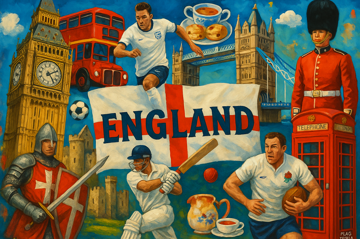 crea un mix di immagini dai colori vivaci che esalti la nazione ENGLAND con le sue tradizioni, storia, eroi sportivi Inserisci la bandiera , il nome e aggiungi in piccolo la scritta FLAG MANIA