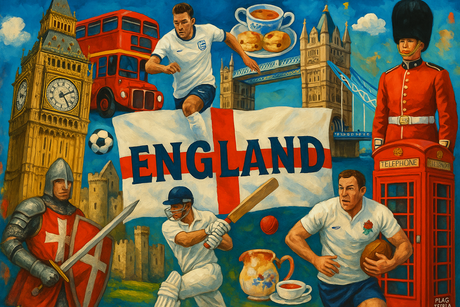 crea un mix di immagini dai colori vivaci che esalti la nazione ENGLAND con le sue tradizioni, storia, eroi sportivi Inserisci la bandiera , il nome e aggiungi in piccolo la scritta FLAG MANIA