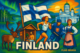 crea un mix di immagini dai colori vivaci che esalti la nazione FINLAND con le sue tradizioni, storia, eroi sportivi Inserisci la bandiera , il nome e aggiungi in piccolo la scritta FLAG MANIA