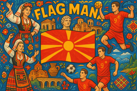 crea un mix di immagini dai colori vivaci che esalti la nazione MACEDONIA con le sue tradizioni, storia, eroi sportivi Inserisci la bandiera e aggiungi la scritta FLAG MANIA