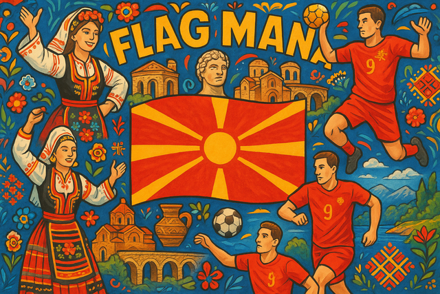 crea un mix di immagini dai colori vivaci che esalti la nazione MACEDONIA con le sue tradizioni, storia, eroi sportivi Inserisci la bandiera e aggiungi la scritta FLAG MANIA
