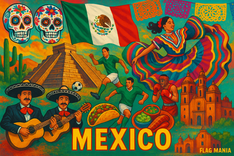 crea un mix di immagini dai colori vivaci che esalti la nazione MEXICO con le sue tradizioni, storia, eroi sportivi Inserisci la bandiera , il nome e aggiungi in piccolo la scritta FLAG MANIA