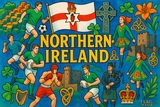 crea un mix di immagini dai colori vivaci che esalti la nazione NORTHERN IRELAND con le sue tradizioni, storia, eroi sportivi Inserisci la bandiera , il nome e aggiungi in piccolo la scritta FLAG MANIA