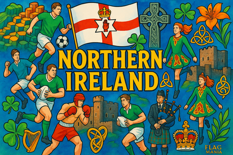 crea un mix di immagini dai colori vivaci che esalti la nazione NORTHERN IRELAND con le sue tradizioni, storia, eroi sportivi Inserisci la bandiera , il nome e aggiungi in piccolo la scritta FLAG MANIA