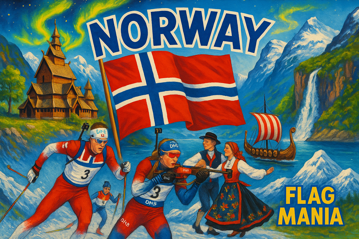 crea un mix di immagini dai colori vivaci che esalti la nazione NORWAY con le sue tradizioni, storia, eroi sportivi Inserisci la bandiera , il nome e aggiungi in piccolo la scritta FLAG MANIA