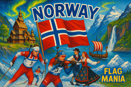 crea un mix di immagini dai colori vivaci che esalti la nazione NORWAY con le sue tradizioni, storia, eroi sportivi Inserisci la bandiera , il nome e aggiungi in piccolo la scritta FLAG MANIA