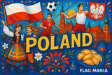 crea un mix di immagini dai colori vivaci che esalti la nazione POLAND con le sue tradizioni, storia, eroi sportivi Inserisci la bandiera , il nome e aggiungi in piccolo la scritta FLAG MANIA