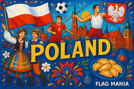 crea un mix di immagini dai colori vivaci che esalti la nazione POLAND con le sue tradizioni, storia, eroi sportivi Inserisci la bandiera , il nome e aggiungi in piccolo la scritta FLAG MANIA