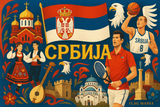crea un mix di immagini dai colori vivaci che esalti la nazione SERBIA con le sue tradizioni, storia, eroi sportivi Inserisci la bandiera , il nome e aggiungi in piccolo la scritta FLAG MANIA