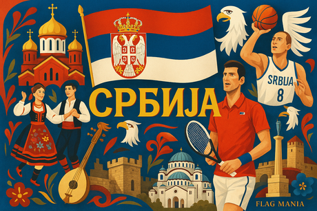 crea un mix di immagini dai colori vivaci che esalti la nazione SERBIA con le sue tradizioni, storia, eroi sportivi Inserisci la bandiera , il nome e aggiungi in piccolo la scritta FLAG MANIA
