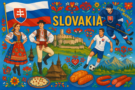 crea un mix di immagini dai colori vivaci che esalti la nazione SLOVAKIA con le sue tradizioni, storia, eroi sportivi Inserisci la bandiera , il nome e aggiungi in piccolo la scritta FLAG MANIA