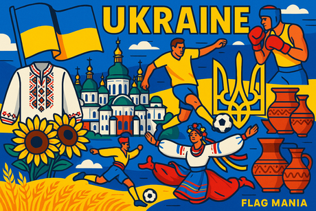 crea un mix di immagini dai colori vivaci che esalti la nazione UKRAINE con le sue tradizioni, storia, eroi sportivi Inserisci la bandiera , il nome e aggiungi in piccolo la scritta FLAG MANIA