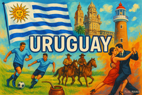 crea un mix di immagini dai colori vivaci che esalti la nazione URUGUAY con le sue tradizioni, storia, eroi sportivi Inserisci la bandiera , il nome e aggiungi in piccolo la scritta FLAG MANIA