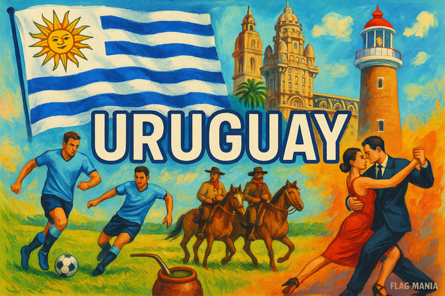 crea un mix di immagini dai colori vivaci che esalti la nazione URUGUAY con le sue tradizioni, storia, eroi sportivi Inserisci la bandiera , il nome e aggiungi in piccolo la scritta FLAG MANIA