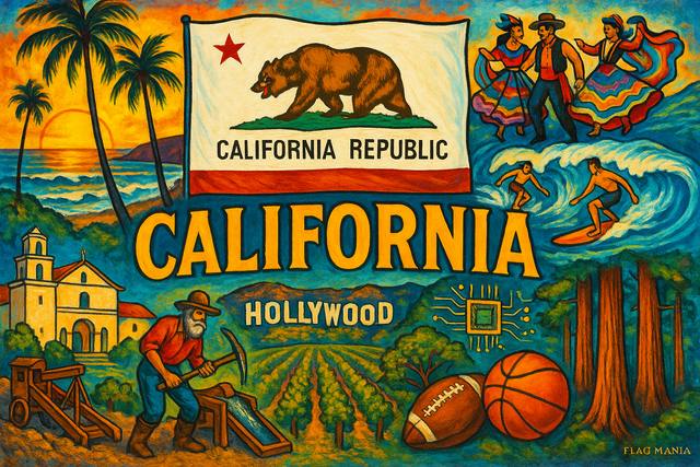 crea un mix di immagini dai colori vivaci che esalti la regione CALIFORNIA con le sue tradizioni, storia, eroi sportivi Inserisci la bandiera , il nome e aggiungi in piccolo la scritta FLAG MANIA