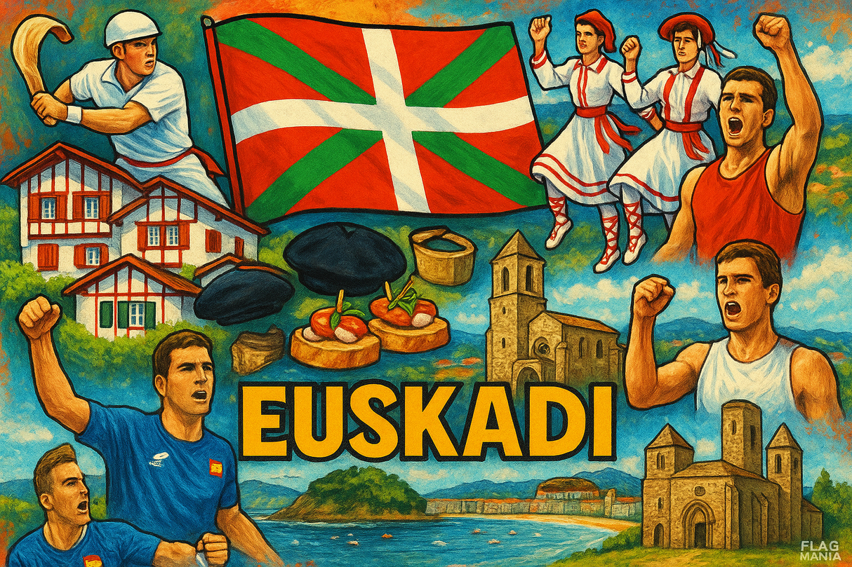 crea un mix di immagini dai colori vivaci che esalti la regione dei PAESI BASCHI con le sue tradizioni, storia, eroi sportivi Inserisci la bandiera , il nome nella lingua locale e aggiungi in piccolo la scritta FLAG MANIA