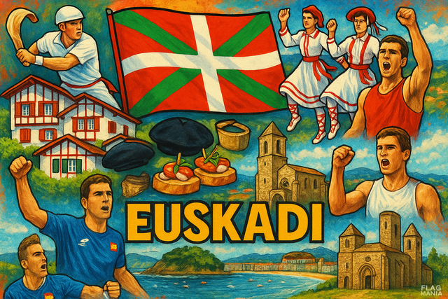 crea un mix di immagini dai colori vivaci che esalti la regione dei PAESI BASCHI con le sue tradizioni, storia, eroi sportivi Inserisci la bandiera , il nome nella lingua locale e aggiungi in piccolo la scritta FLAG MANIA