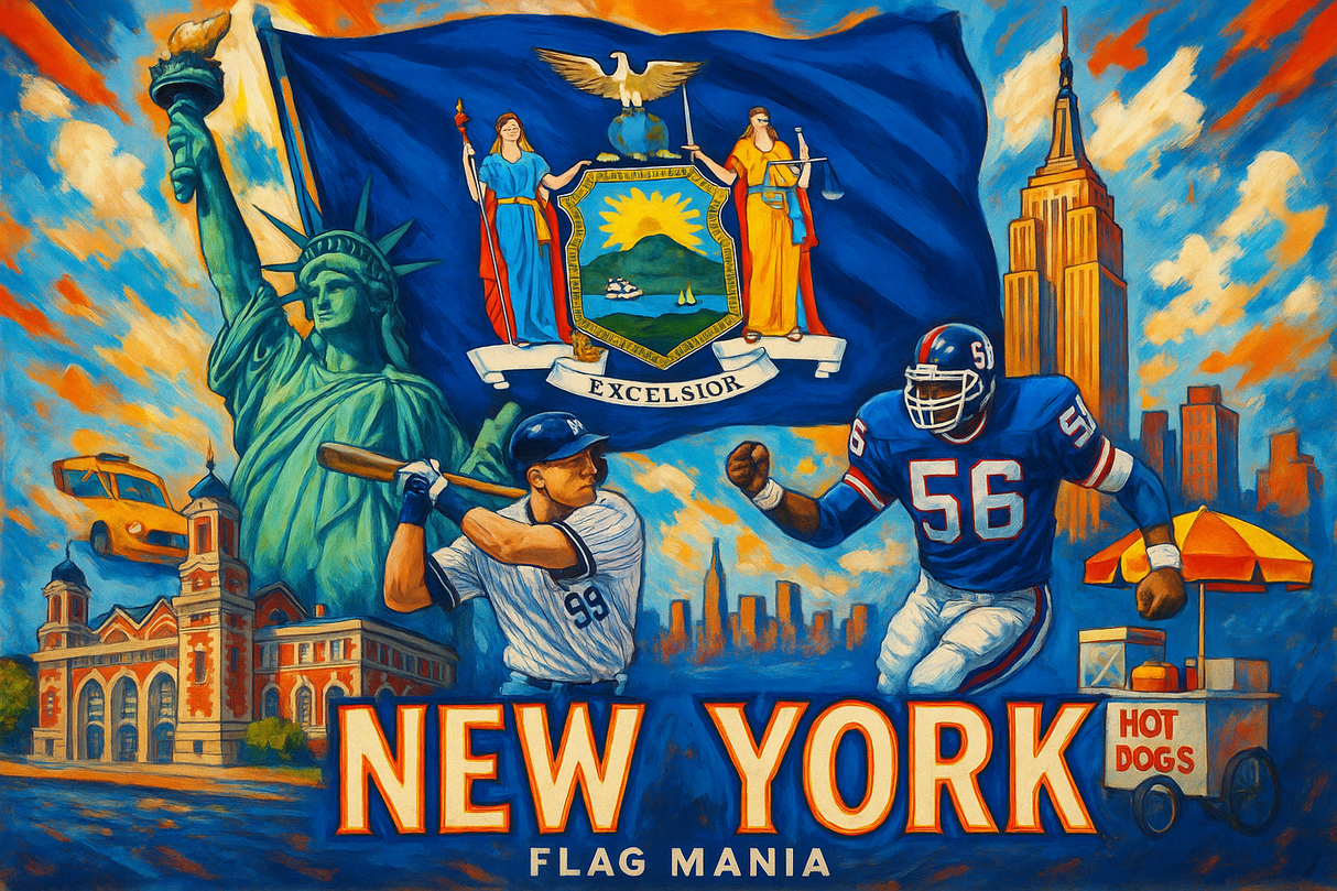 crea un mix di immagini dai colori vivaci che esalti la regione NEW YORK con le sue tradizioni, storia, eroi sportivi Inserisci la bandiera , il nome e aggiungi in piccolo la scritta FLAG MANIA