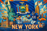 crea un mix di immagini dai colori vivaci che esalti la regione NEW YORK con le sue tradizioni, storia, eroi sportivi Inserisci la bandiera , il nome e aggiungi in piccolo la scritta FLAG MANIA