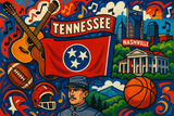 crea un mix di immagini dai colori vivaci che esalti la regione TENNESSEE con le sue tradizioni, storia, eroi sportivi Inserisci la bandiera , il nome e aggiungi in piccolo la scritta FLAG MANIA