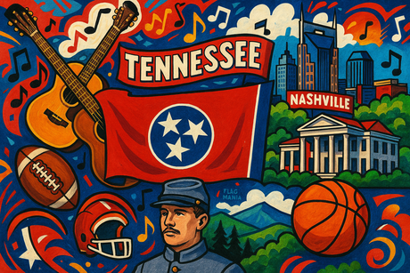 crea un mix di immagini dai colori vivaci che esalti la regione TENNESSEE con le sue tradizioni, storia, eroi sportivi Inserisci la bandiera , il nome e aggiungi in piccolo la scritta FLAG MANIA