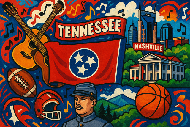 crea un mix di immagini dai colori vivaci che esalti la regione TENNESSEE con le sue tradizioni, storia, eroi sportivi Inserisci la bandiera , il nome e aggiungi in piccolo la scritta FLAG MANIA