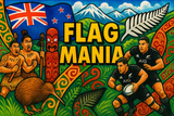 crea un mix di immagini dai colori vivaci che esalti NEW ZEALAND con le sue tradizioni, storia, eroi sportivi Inserisci la bandiera e aggiungi la scritta FLAG MANIA