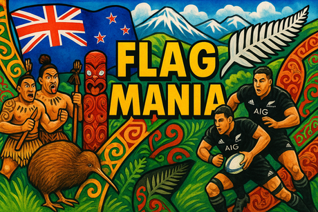 crea un mix di immagini dai colori vivaci che esalti NEW ZEALAND con le sue tradizioni, storia, eroi sportivi Inserisci la bandiera e aggiungi la scritta FLAG MANIA