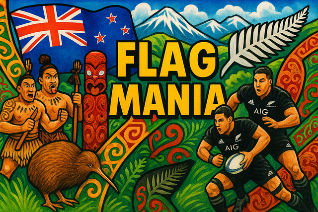 crea un mix di immagini dai colori vivaci che esalti NEW ZEALAND con le sue tradizioni, storia, eroi sportivi Inserisci la bandiera e aggiungi la scritta FLAG MANIA