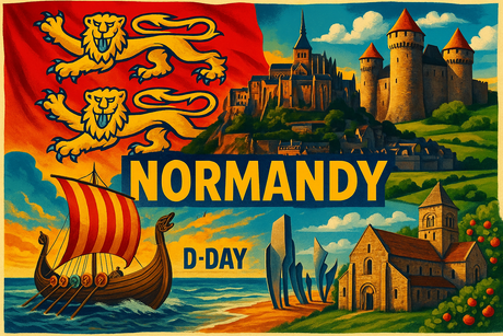 crea un mix di immagini dai colori vivaci che esalti NORMANDIA e la sua storia. Inserisci la bandiera e altre immagini e aggiungi la scritta FLAG MANIA