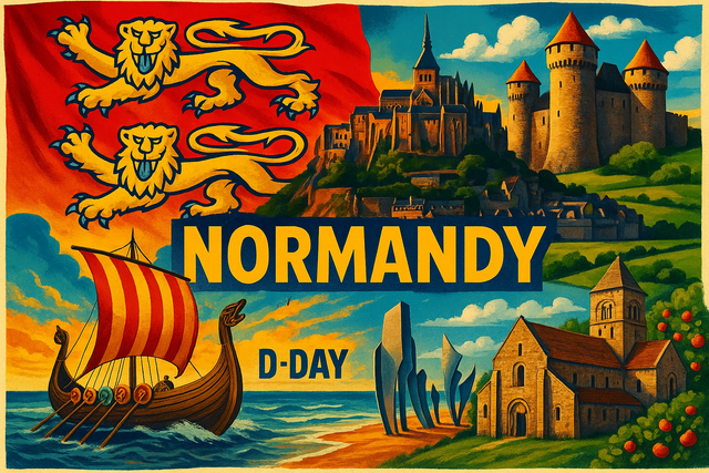 crea un mix di immagini dai colori vivaci che esalti NORMANDIA e la sua storia. Inserisci la bandiera e altre immagini e aggiungi la scritta FLAG MANIA