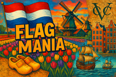 crea un mix di immagini dai colori vivaci che esalti OLANDA e la sua storia. Inserisci la bandiera e altre immagini e aggiungi la scritta FLAG MANIA