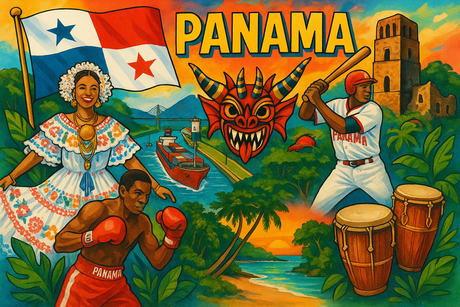 crea un mix di immagini dai colori vivaci che esalti PANAMA con le sue tradizioni, storia, eroi sportivi Inserisci la bandiera e aggiungi la scritta FLAG MANIA