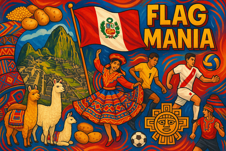 crea un mix di immagini dai colori vivaci che esalti PERU con le sue tradizioni, storia e immagini vere di eroi sportivi Inserisci la bandiera e aggiungi la scritta FLAG MANIA
