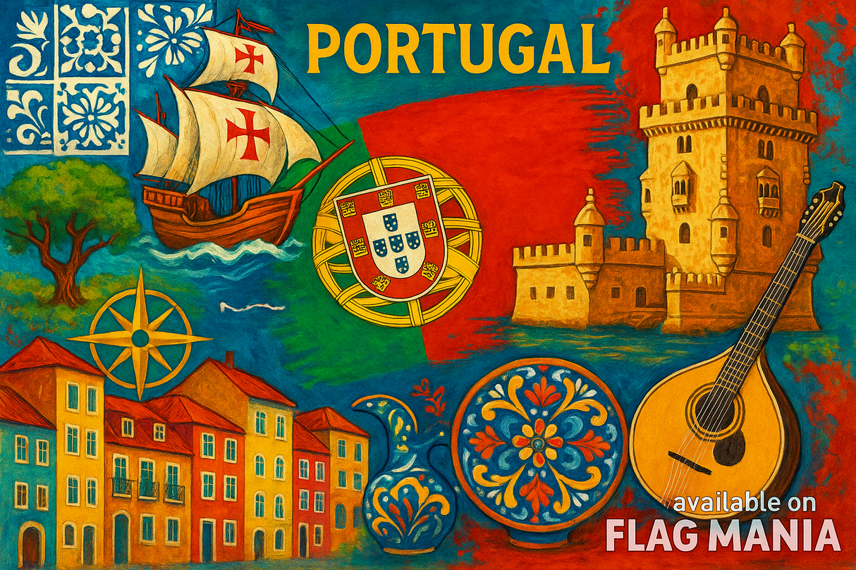 crea un mix di immagini dai colori vivaci che esalti PORTOGALLO e la sua storia. Inserisci la bandiera e altre immagini e scrivi available on FLAG MANIA
