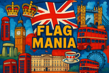 crea un mix di immagini dai colori vivaci che esalti REGNO UNITO e la sua storia. Inserisci la bandiera e altre immagini e aggiungi la scritta FLAG MANIA