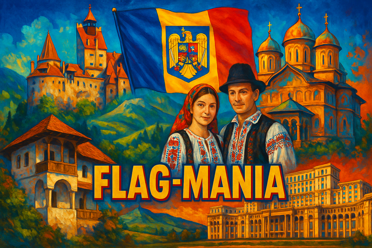 crea un mix di immagini dai colori vivaci che esalti ROMANIA e la sua storia. Inserisci la bandiera e altre immagini e aggiungi la scritta FLAG MANIA