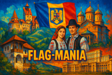 crea un mix di immagini dai colori vivaci che esalti ROMANIA e la sua storia. Inserisci la bandiera e altre immagini e aggiungi la scritta FLAG MANIA