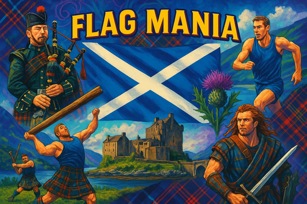 crea un mix di immagini dai colori vivaci che esalti SCOZIA con le sue tradizioni, storia, immagini vere di eroi sportivi Inserisci la bandiera e aggiungi la scritta FLAG MANIA