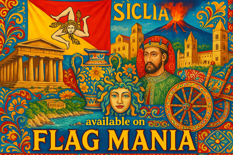 crea un mix di immagini dai colori vivaci che esalti SICILIA e la sua storia. Inserisci la bandiera e altre immagini e scrivi available on FLAG MANIA
